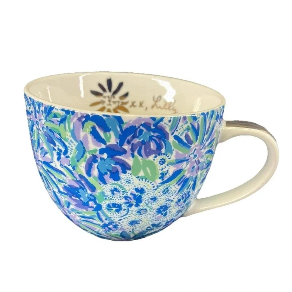 Lilly Pulitzer Blue Floral Ceramic Coffee Cup 12 oz  NEW No Box